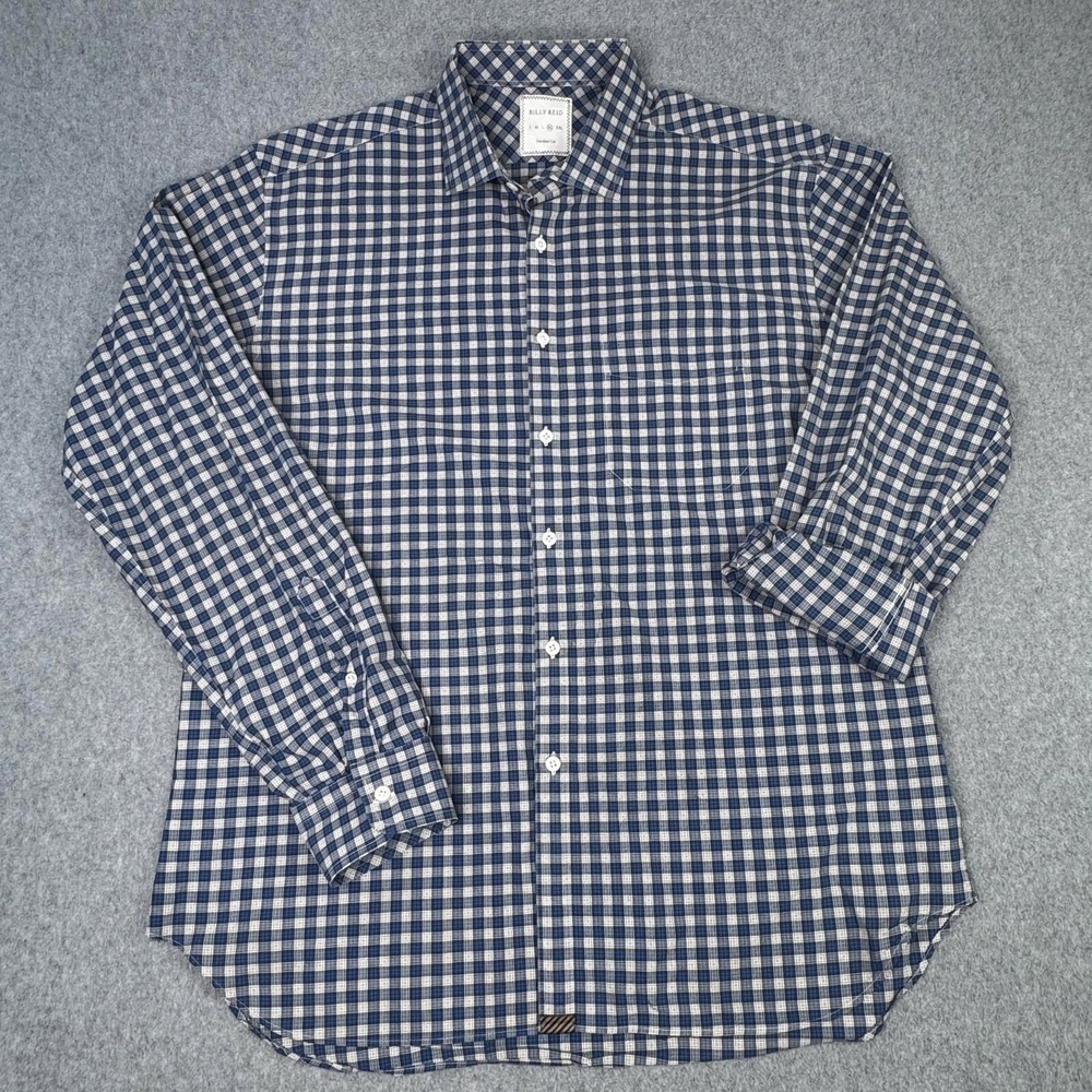 Billy Reid Blue‎ Gray Gingham Check Button Up Shirt Mens Size XL Preppy Plaid